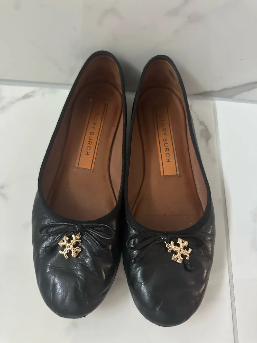Tory Burch Black Leather Gold Logo Ballet Flats Size 7